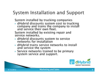 System installed by trucking companies
dHybrid discounts system cost to trucking
company and trains the company to install
and service their own fleet.
System installed by existing repair and
service networks.
dHybrid discounts system to service
networks for installation
dHybrid trains service networks to install
and service the system
Service networks trained to be primary
system service and support.
4/13/20124/13/20124/13/20124/13/2012 Marketing and SalesMarketing and SalesMarketing and SalesMarketing and Sales 9999
 