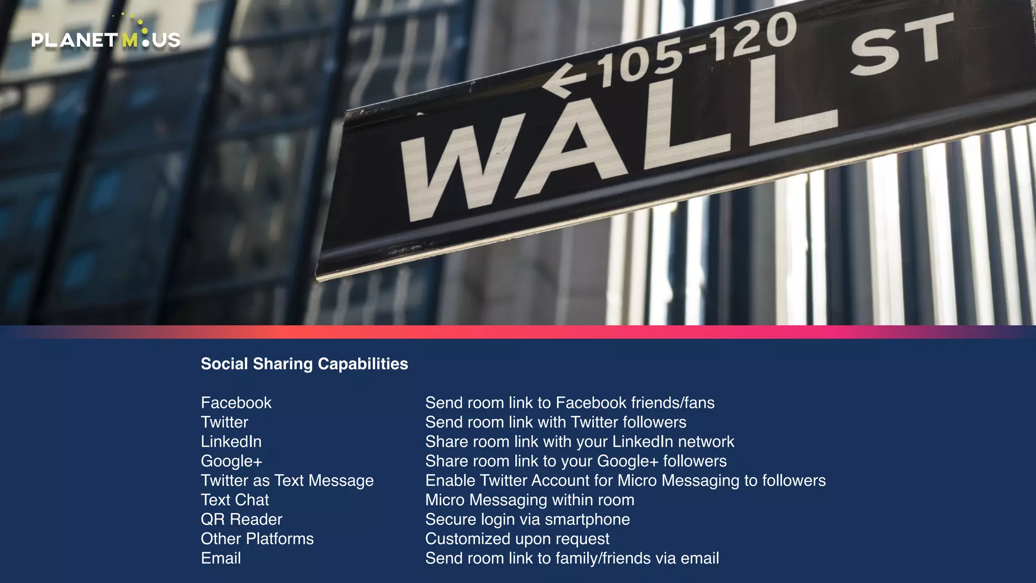 Social Sharing Capabilities
Facebook
Twitter
LinkedIn
Google+
Twitter as Text Message
Text Chat
QR Reader
Other Platforms
Email
Send room link to Facebook friends/fans
Send room link with Twitter followers
Share room link with your LinkedIn network
Share room link to your Google+ followers
Enable Twitter Account for Micro Messaging to followers
Micro Messaging within room
Secure login via smartphone
Customized upon request
Send room link to family/friends via email
 