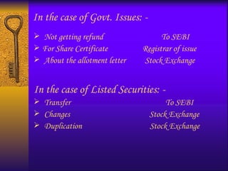 In the case of Govt. Issues: - Not getting refund  To SEBI For Share Certificate  Registrar of issue About the allotment letter  Stock Exchange In the case of Listed Securities: - Transfer  To SEBI Changes  Stock Exchange Duplication  Stock Exchange 