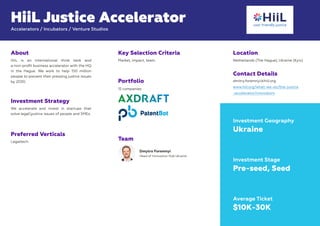 Contact Details
dmitry.foremnyi@hiil.org
www.hiil.org/what-we-do/the-justice
-accelerator/innovators
Team
Dmytro Foremnyi
...