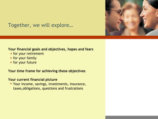 Together, we will explore… Your financial goals and objectives, hopes and fears for your retirement for your family for your future Your time frame for achieving these objectives Your current financial picture Your income, savings, investments, insurance, taxes,obligations, questions and frustrations 
