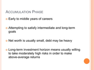 ACCUMULATION PHASE
   Early to middle years of careers

   Attempting to satisfy intermediate and long-term
    goals

   Net worth is usually small, debt may be heavy

   Long-term investment horizon means usually willing
    to take moderately high risks in order to make
    above-average returns
 