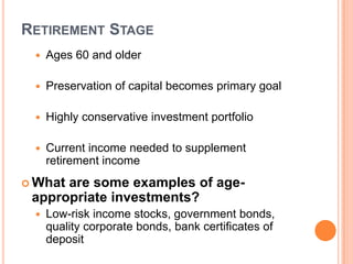 RETIREMENT STAGE
    Ages 60 and older

    Preservation of capital becomes primary goal

    Highly conservative investment portfolio

    Current income needed to supplement
     retirement income
 Whatare some examples of age-
 appropriate investments?
    Low-risk income stocks, government bonds,
     quality corporate bonds, bank certificates of
     deposit
 