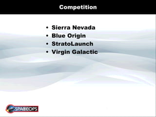 Competition
• Sierra Nevada
• Blue Origin
• StratoLaunch
• Virgin Galactic
 