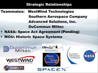 Strategic Relationships
Teammates: WestWind Technologies
Southern Aerospace Company
Advanced Solutions, Inc.
DuCommun Miltec
• NASA: Space Act Agreement (Pending)
• MOU: Historic Space Systems
 