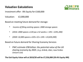 Investment offer:  8% Equity for £160,000
Valuation:  £2,000,000
Based on meeting future demand for storage:
•  Income of ...