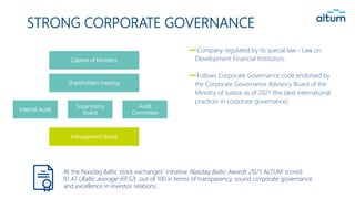 STRONG CORPORATE GOVERNANCE
Company regulated by its special law - Law on
Development Financial Institution;
Follows Corpo...