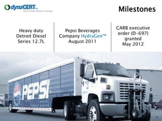 TSX:V DYA
www.dynaCERT.com
Heavy duty
Detroit Diesel
Series 12.7L
Pepsi Beverages
Company HydraGen™
August 2011
CARB executive
order (D-697)
granted
May 2012
12
Milestones
 