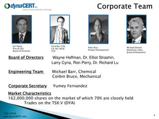 TSX:V DYA
www.dynaCERT.com
Market Characteristics
162,000,000 shares on the market of which 70% are closely held
Trades on the TSX:V (DYA)
Jim Payne
Pres.& CEO
Board of Directors
Gord Barr CPA,
CA, Bsc (AGR)
CFO
Peter Ross
Product Development
Michael Elwood
Marketing, Sales,
Brand Development
Board of Directors Wayne Hoffman, Dr. Elliot Strashin,
Larry Cyna, Ron Perry, Dr. Richard Lu
Engineering Team Michael Barr, Chemical
Corbin Bruce, Mechanical
Corporate Secretary Yumey Fernandez
4
 