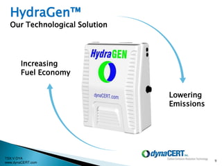 TSX:V DYA
www.dynaCERT.com
9
Increasing
Fuel Economy
Lowering
Emissions
HydraGen™
Our Technological Solution
 