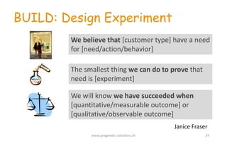 BUILD: Design Experiment
We	
  will	
  know	
  we	
  have	
  succeeded	
  when	
  
[quantitative/measurable	
  outcome]	
  or	
  
[qualitative/observable	
  outcome]
Janice	
  Fraser
We	
  believe	
  that	
  [customer	
  type]	
  have	
  a	
  need	
  
for	
  [need/action/behavior]
The	
  smallest	
  thing	
  we	
  can	
  do	
  to	
  prove	
  that	
  
need	
  is	
  [experiment]
www.pragmatic-­‐solutions.ch 24
 