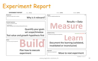 Measure
Experiment Report
Why	
  is	
  it	
  relevant?
Quantify	
  your	
  goals
set	
  scope/timebox
Plan	
  how	
  to	
  execute	
  
experiment
Results	
  =	
  Data
Document	
  the	
  learning	
  (validated,	
  
invalidated	
  or	
  inconclusive)	
  
Test	
  value	
  and	
  growth	
  hypothesis	
  first
Move	
  to	
  next	
  experiment
Build
Learn
32www.pragmatic-­‐solutions.ch
 