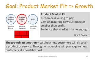 The	
  growth	
  assumption	
  – test	
  how	
  new	
  customers	
  will	
  discover	
  
a	
  product	
  or	
  service.	
  Through	
  what	
  engine	
  will	
  you	
  acquire	
  new	
  
customers	
  at	
  affordable	
  cost.
Goal: Product Market Fit => Growth
Product	
  Market	
  Fit
Customer	
  is	
  willing	
  to	
  pay.	
  
Cost	
  of	
  acquiring	
  new	
  customers	
  is	
  
smaller	
  than	
  profit.	
  
Evidence	
  that	
  market	
  is	
  large	
  enough	
  
Brant	
  Cooper
Scale
Product	
  
Market	
  
fit
Problem	
  
Solution	
  
fit
Customer	
  
Discovery
Customer	
  
Validation
Customer	
  
Creation
www.pragmatic-­‐solutions.ch 40
 