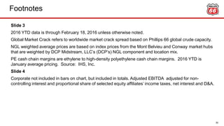 Footnotes
50
Slide 3
2016 YTD data is through February 18, 2016 unless otherwise noted.
Global Market Crack refers to worldwide market crack spread based on Phillips 66 global crude capacity.
NGL weighted average prices are based on index prices from the Mont Belvieu and Conway market hubs
that are weighted by DCP Midstream, LLC’s (DCP’s) NGL component and location mix.
PE cash chain margins are ethylene to high-density polyethylene cash chain margins. 2016 YTD is
January average pricing. Source: IHS, Inc.
Slide 4
Corporate not included in bars on chart, but included in totals. Adjusted EBITDA adjusted for non-
controlling interest and proportional share of selected equity affiliates’ income taxes, net interest and D&A.
 