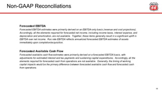 Non-GAAP Reconciliations
55
Forecasted Available Cash Flow
Forecasted available cash flow estimates were primarily derived on a forecasted EBITDA basis, with
adjustments for estimated interest and tax payments and sustaining capital expenditures. Accordingly, all the
elements required for forecasted cash from operations are not available. Generally, the timing of working
capital impacts would be the primary difference between forecasted available cash flow and forecasted cash
from operations.
Forecasted EBITDA estimates were primarily derived on an EBITDA-only basis (revenue and cost projections).
Accordingly, all the elements required for forecasted net income, including income taxes, interest expense, and
depreciation and amortization, are not available. Together, these items generally result in a significant uplift in
EBITDA over net income. Run rate EBITDA reflects annualized forecasted EBITDA estimates of assets
immediately upon completion/acquisition.
Forecasted EBITDA
 