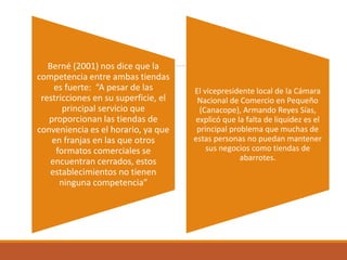Berné (2001) nos dice que la
competencia entre ambas tiendas
es fuerte: “A pesar de las
restricciones en su superficie, el
principal servicio que
proporcionan las tiendas de
conveniencia es el horario, ya que
en franjas en las que otros
formatos comerciales se
encuentran cerrados, estos
establecimientos no tienen
ninguna competencia”
El vicepresidente local de la Cámara
Nacional de Comercio en Pequeño
(Canacope), Armando Reyes Sías,
explicó que la falta de liquidez es el
principal problema que muchas de
estas personas no puedan mantener
sus negocios como tiendas de
abarrotes.
 