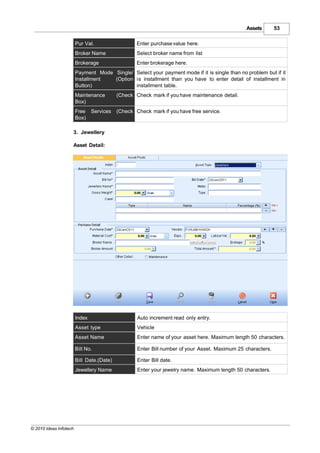 Assets        53

                        Pur Val.                   Enter purchase value here.
                        Broker Name                Select broker name from list
                        Brokerage                  Enter brokerage here.
                        Payment Mode Single/ Select your payment mode if it is single than no problem but if it
                        Installment  (Option is installment than you have to enter detail of installment in
                        Button)              installment table.
                        Maintenance        (Check Check mark if you have maintenance detail.
                        Box)
                        Free Services      (Check Check mark if you have free service.
                        Box)

                    3. Jewellery

                    Asset Detail:




                        Index                      Auto increment read only entry.
                        Asset type                 Vehicle
                        Asset Name                 Enter name of your asset here. Maximum length 50 characters.

                        Bill No.                   Enter Bill number of your Asset. Maximum 25 characters.

                        Bill Date.(Date)           Enter Bill date.
                        Jewellery Name             Enter your jewelry name. Maximum length 50 characters.




© 2010 Ideas Infotech
 
