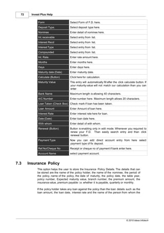 72     Invest Plus Help

              Form                      Select Form of F.D. here.
              Deposit Type.             Select deposit type here.
              Nominee                   Enter detail of nominee here.
              Int. receivable           Select entry from list.
              Interest Recd             Select entry from list.
              Interest Type             Select entry from list.
              Compounded                Select entry from list.
              Int. Rate.                Enter rate amount here.
              Months                    Enter months here.
              Days                      Enter days here.
              Maturity date (Date)      Enter maturity date.
              Calculate (Button)        Click here for calculation.
              Maturity Value            This entry will automatically fill after the click calculate button. If
                                        your maturity value will not match our calculation than you can
                                        enter
              Bank Name                 Maximum length is allowing 40 characters.
              A/C Number                Enter number here. Maximum length allows 20 characters.
              Loan Taken (Check Box) Check mark if loan has been taken.
              Loan Amount               Enter Amount of loan here.
              Interest Rate             Enter interest rate here for loan.
              Date (Date)               Enter loan date here.
              With whom                 Enter detail of with whom.
              Renewal (Button)          Button is enabling only in edit mode. Whenever you required to
                                        renew your F.D. Than easily search entry and than click
                                        renewal button.
              Payment Type              Now you can add direct account entry from here select
                                        payment type of fix deposit.
              Ref.No/Cheque No          Receipt or cheque no of payment if bank enter here.
              Account Name              select payment account.


7.3    Insurance Policy
             This option helps the user to store the Insurance Policy Details. The details that can
             be stored are the name of the policy holder, the name of the nominee, the period of
             the policy, name of the policy, the date of maturity, the policy date, the table year,
             policy number, Expected maturity value, branch number, the premium amount, the
             insurance value, premium payable i.e. whether it is payable, quarterly or monthly.

             If the policy holder takes any loan against the policy than the loan details such as the
             loan amount, the loan date, interest rate and the name of the person from whom the




                                                                                            © 2010 Ideas Infotech
 