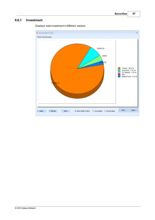Securities   87

8.6.1      Investment
                    Displays total investment in different sectors.




© 2010 Ideas Infotech
 