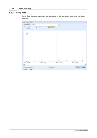 88     Invest Plus Help

8.6.2   Scrip Rate
              Scrip Rate displays graphically the variations of the particular scrip that has been
              selected.




                                                                                    © 2010 Ideas Infotech
 