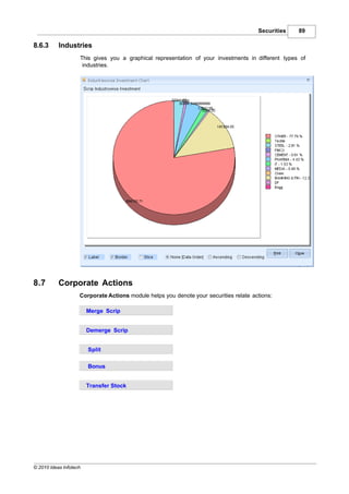 Securities   89

8.6.3      Industries
                    This gives you a graphical representation of your investments in different types of
                     industries.




8.7        Corporate Actions
                    Corporate Actions module helps you denote your securities relate actions:

                        Merge Scrip


                        Demerge Scrip


                        Split

                        Bonus


                        Transfer Stock




© 2010 Ideas Infotech
 