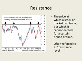 Resistance
• The price at
which a stock or
market can trade,
but which it
cannot exceed,
for a certain
period of time.
Often referred to
as "resistance
level
 