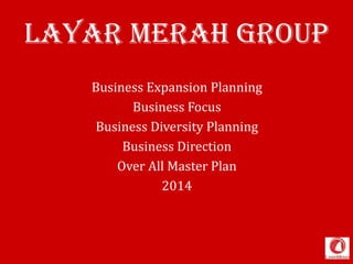 Layar Merah Group
Business Expansion Planning
Business Focus
Business Diversity Planning
Business Direction
Over All Master Plan
2014

 