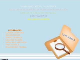 UNIVERSIDAD CENTRAL DEL ECUADOR
FACULTAD DE FILOSOFÍA, LETRA Y CIENCIAS DE LA EDUCACIÓN
CARRERA DE EDUCACIÓN PARVULARIA
INVESTIGACIÓN III
MSC: JULIETA LOGROÑO
INTEGRANTES:
• CORREA CORAYMA
• DURAN NANCY
• ERAZO GABRIELA
• LICANGO YADIRA
• REGALADO VERÓNICA
• YAULY PAOLA
• ZHAMUNGUI PAMELA
 