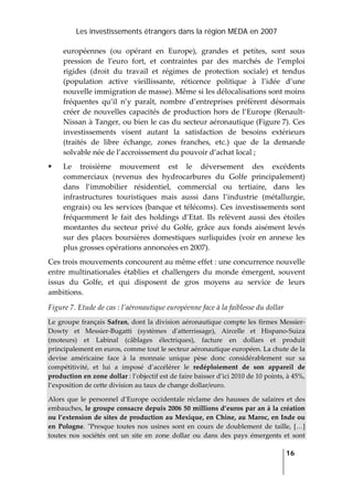 Les investissements étrangers dans la région MEDA en 2007
   
  16
 
européennes  (ou  opérant  en  Europe),  grandes  et  petites,  sont  sous 
pression  de  l’euro  fort,  et  contraintes  par  des  marchés  de  l’emploi 
rigides  (droit  du  travail  et  régimes  de  protection  sociale)  et  tendus 
(population  active  vieillissante,  réticence  politique  à  l’idée  d’une 
nouvelle immigration de masse). Même si les délocalisations sont moins 
fréquentes  qu’il  n’y  paraît,  nombre  d’entreprises  préfèrent  désormais 
créer de nouvelles capacités de production hors de l’Europe (Renault‐
Nissan à Tanger, ou bien le cas du secteur aéronautique (Figure 7). Ces 
investissements  visent  autant  la  satisfaction  de  besoins  extérieurs 
(traités  de  libre  échange,  zones  franches,  etc.)  que  de  la  demande 
solvable née de l’accroissement du pouvoir d’achat local ; 
Le  troisième  mouvement  est  le  déversement  des  excédents 
commerciaux  (revenus  des  hydrocarbures  du  Golfe  principalement) 
dans  l’immobilier  résidentiel,  commercial  ou  tertiaire,  dans  les 
infrastructures  touristiques  mais  aussi  dans  l’industrie  (métallurgie, 
engrais) ou les services (banque et télécoms). Ces investissements sont 
fréquemment  le  fait  des  holdings  d’Etat.  Ils  relèvent  aussi  des  étoiles 
montantes  du  secteur  privé  du  Golfe,  grâce  aux  fonds  aisément  levés 
sur  des  places boursières  domestiques  surliquides  (voir  en  annexe les 
plus grosses opérations annoncées en 2007). 
Ces trois mouvements concourent au même effet : une concurrence nouvelle 
entre  multinationales  établies  et  challengers  du  monde  émergent,  souvent 
issus  du  Golfe,  et  qui  disposent  de  gros  moyens  au  service  de  leurs 
ambitions.  
Figure 7. Etude de cas : l’aéronautique européenne face à la faiblesse du dollar 
Le groupe français Safran, dont la division aéronautique compte les firmes Messier‐
Dowty  et  Messier‐Bugatti  (systèmes  dʹatterrissage),  Aircelle  et  Hispano‐Suiza 
(moteurs)  et  Labinal  (câblages  électriques),  facture  en  dollars  et  produit 
principalement en euros, comme tout le secteur aéronautique européen. La chute de la 
devise  américaine  face  à  la  monnaie  unique  pèse  donc  considérablement  sur  sa 
compétitivité,  et  lui  a  imposé  d’accélérer  le  redéploiement  de  son  appareil  de 
production en zone dollar : l’objectif est de faire baisser d’ici 2010 de 10 points, à 45%, 
l’exposition de cette division au taux de change dollar/euro. 
Alors  que  le  personnel  d’Europe  occidentale  réclame  des  hausses  de  salaires  et des 
embauches, le groupe consacre depuis 2006 50 millions d’euros par an à la création 
ou l’extension de sites de production au Mexique, en Chine, au Maroc, en Inde ou 
en  Pologne.  ʺPresque  toutes  nos  usines  sont  en  cours  de  doublement  de  taille,  […] 
toutes  nos  sociétés  ont  un  site  en  zone  dollar  ou  dans  des  pays  émergents  et  sont 
 