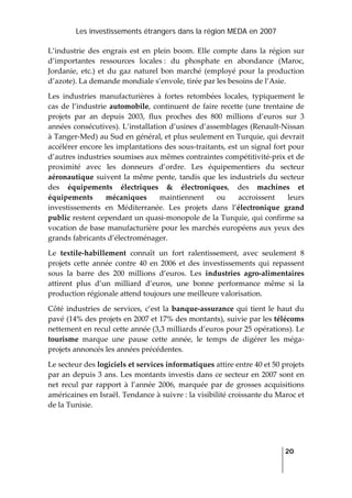 Les investissements étrangers dans la région MEDA en 2007
   
  20
 
L’industrie  des  engrais  est  en  plein  boom.  Elle  compte  dans  la  région  sur 
d’importantes  ressources  locales :  du  phosphate  en  abondance  (Maroc, 
Jordanie,  etc.)  et  du  gaz  naturel  bon  marché  (employé  pour la  production 
d’azote). La demande mondiale s’envole, tirée par les besoins de l’Asie. 
Les  industries  manufacturières  à  fortes  retombées  locales,  typiquement  le 
cas de l’industrie automobile, continuent de faire recette (une trentaine de 
projets  par  an  depuis  2003,  flux  proches  des  800  millions  d’euros  sur  3 
années consécutives). L’installation d’usines d’assemblages (Renault‐Nissan 
à Tanger‐Med) au Sud en général, et plus seulement en Turquie, qui devrait 
accélérer encore les implantations des sous‐traitants, est un signal fort pour 
d’autres industries soumises aux mêmes contraintes compétitivité‐prix et de 
proximité  avec  les  donneurs  d’ordre.  Les  équipementiers  du  secteur 
aéronautique suivent la même pente, tandis que les industriels du secteur 
des  équipements  électriques  &  électroniques,  des  machines  et 
équipements  mécaniques  maintiennent  ou  accroissent  leurs 
investissements  en  Méditerranée.  Les  projets  dans  l’électronique  grand 
public restent cependant un quasi‐monopole de la Turquie, qui confirme sa 
vocation de base manufacturière pour les marchés européens aux yeux des 
grands fabricants d’électroménager. 
Le  textile‐habillement  connaît  un  fort  ralentissement,  avec  seulement  8 
projets  cette  année  contre  40  en  2006  et  des  investissements  qui  repassent 
sous  la  barre  des  200  millions  d’euros.  Les  industries  agro‐alimentaires 
attirent  plus  d’un  milliard  d’euros,  une  bonne  performance  même  si  la 
production régionale attend toujours une meilleure valorisation. 
Côté industries de services, c’est la banque‐assurance qui tient le haut du 
pavé (14% des projets en 2007 et 17% des montants), suivie par les télécoms 
nettement en recul cette année (3,3 milliards d’euros pour 25 opérations). Le 
tourisme  marque  une  pause  cette  année,  le  temps  de  digérer  les  méga‐
projets annoncés les années précédentes.  
Le secteur des logiciels et services informatiques attire entre 40 et 50 projets 
par an depuis 3 ans. Les montants investis dans ce secteur en 2007 sont en 
net  recul  par  rapport  à  l’année  2006,  marquée  par  de  grosses  acquisitions 
américaines en Israël. Tendance à suivre : la visibilité croissante du Maroc et 
de la Tunisie. 
 