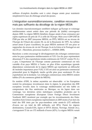 Les investissements étrangers dans la région MEDA en 2007
   
  26
 
millions  d’emplois  durables  sont  à  créer  chaque  année  pour  maintenir 
simplement le taux de chômage actuel des jeunes. 
L’intégration euroméditerranéenne, condition nécessaire
mais pas suffisante du décollage de la région MEDA
Les données macroéconomiques semblent indiquer qu’Europe et voisinage 
méditerranéen  soient  entrés  dans  une  période  de  (faible)  convergence 
depuis 2000. La région MEDA bénéficie chaque année d’une croissance per 
capita supérieure de près de 1% à celle de l’Europe. Mais avec 6 209 USD de 
PNB par tête en 2007 (moyenne MEDA, en PPP), MEDA est au niveau de 
l’Europe de l’Ouest des années 50, ou de la Roumanie de 1975. Au rythme 
actuel  (mais  il  peut  s’accélérer),  les  pays MEDA  mettront  157  ans  pour  se 
rapprocher du niveau de vie de l’Europe, là où la Grèce et le Portugal en ont 
mis 25 (cf. « Barcelone, processus inachevé », ANIMA 2008). 
Barcelone a certes encouragé le développement des échanges commerciaux 
entre les pays partenaires méditerranéens et l’UE. Ces dix pays représentent 
désormais 9 % des exportations totales extérieures de l’UE‐27 ‐contre 5% il y 
a  peu.  L’importance  de  l’Europe  comme  partenaire  commercial  est  très 
variable  d’un  pays  MEDA  à  l’autre,  en  plus  d’être  asymétrique  (grande 
dépendance  commerciale  de  la  région  MEDA  qui  représente un débouché 
de moindre importance pour l’UE). L’UE est ainsi un partenaire commercial 
primordial  pour  le  Maghreb,  tandis  qu’elle  pèse  pour  seulement  3%  des 
exportations de la Jordanie. Les échanges commerciaux intra‐MEDA restent 
faibles (5% du commerce global de MEDA). 
En  matière  d’IDE,  la  même  asymétrie  est  observable :  si  les  Européens 
restent  les  principaux  investisseurs  dans  la  région,  la  proportion  des  IDE 
européens  investis  dans  le  voisinage  méditerranéen  est  très  faible  en 
comparaison  des  flux  américains  au  Mexique,  ou  du  Japon  dans  son 
voisinage.  Les  dernières  séries  statistiques  complètes  produites  par  la 
Commission  européenne  (European  Union  Foreign  Direct  Investment 
Yearbook  2007)  montrent  par  exemple  que  les  investissements  des  Etats‐
membres hors‐Union européenne représentaient en 2005 moins d’un tiers du 
total  des  IDE  émis  par  les  pays‐membres  cette  année‐là  (172  milliards 
d’euros  sur  un  total  de  600  milliards,  soit  28%).  Parmi  les  régions 
destinataires,  Canada‐USA,  Japon  et  EFTA  (Suisse,  Norvège,  Islande  etc.), 
s’arrogeaient 72 de ces 172 milliards d’euros (42%). La région MEDA venait 
 