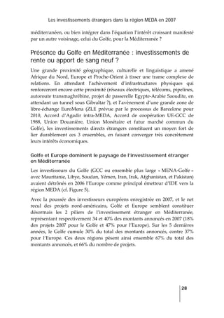 Les investissements étrangers dans la région MEDA en 2007
   
  28
 
méditerranéen, ou bien intégrer dans l’équation l’intérêt croissant manifesté 
par un autre voisinage, celui du Golfe, pour la Méditerranée ? 
Présence du Golfe en Méditerranée : investissements de
rente ou apport de sang neuf ?
Une  grande  proximité  géographique,  culturelle  et  linguistique  a  amené 
Afrique du Nord, Europe et Proche‐Orient à tisser une trame complexe de 
relations.  En  attendant  l’achèvement  d’infrastructures  physiques  qui 
renforceront encore cette proximité (réseaux électriques, télécoms, pipelines, 
autoroute transmaghrébine, projet de passerelle Egypte‐Arabie Saoudite, en 
attendant un tunnel sous Gibraltar ?), et l’avènement d’une grande zone de 
libre‐échange  EuroMena  (ZLE  prévue  par  le  processus  de  Barcelone  pour 
2010,  Accord  d’Agadir  intra‐MEDA,  Accord  de  coopération  UE‐GCC  de 
1988,  Union  Douanière,  Union  Monétaire  et  futur  marché  commun  du 
Golfe),  les  investissements  directs  étrangers  constituent  un  moyen  fort  de 
lier  durablement  ces  3  ensembles,  en  faisant  converger  très  concrètement 
leurs intérêts économiques. 
Golfe et Europe dominent le paysage de l’investissement étranger
en Méditerranée
Les  investisseurs  du  Golfe  (GCC  ou  ensemble  plus  large  « MENA‐Golfe » 
avec Mauritanie, Libye, Soudan, Yémen, Iran, Irak, Afghanistan, et Pakistan) 
avaient détrônés en 2006 l’Europe comme principal émetteur d’IDE vers la 
région MEDA (cf. Figure 5).  
Avec la  poussée  des  investisseurs  européens  enregistrée en  2007,  et  le  net 
recul  des  projets  nord‐américains,  Golfe  et  Europe  semblent  constituer 
désormais  les  2  piliers  de  l’investissement  étranger  en  Méditerranée, 
représentant respectivement 34 et 40% des montants annoncés en 2007 (18% 
des  projets  2007  pour  le  Golfe  et  47%  pour  l’Europe).  Sur  les  5  dernières 
années,  le  Golfe  cumule  30%  du  total  des  montants  annoncés,  contre  37% 
pour  l’Europe.  Ces  deux  régions  pèsent  ainsi  ensemble  67%  du  total  des 
montants annoncés, et 66% du nombre de projets. 
 