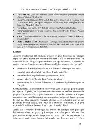 Les investissements étrangers dans la région MEDA en 2007
   
  52
 
VastNed Retail (Pays‐Bas) rachète Elysium Shops, un centre commercial dans la 
région d’Istanbul (10 mln dʹ€). 
Enstar  Capital  (Royaume‐Uni). Achat dʹun centre commercial à Tekirdag pour 
12,5  millions  dʹUSD,  et  espère  remporter  les  enchères  pour  Metroport  près  de 
lʹaéroport Ataturk (9 mln dʹ€). 
Corio (Pays‐Bas) rachète 25% de GAC Gayrimenkul Yatırımı Real Estate. 
Genertec (Chine) va ouvrir une succursale dans la zone franche dʹIzmir « Aegean 
Free Zone ». 
Corio  (Pays‐Bas)  achète  100%  du  futur  centre  commercial  Tekira  à  Tekirdag, 
livraison 2009. 
Metro  /  Media  Markt  (Allemagne).  Lʹenseigne  dʹélectroménager  du  groupe 
Metro  ouvre  son  premier  magasin  à  Istanbul,  avec  deux  nouvelles  ouvertures 
dans le pays programmées dʹici 2008. 
Energie
Avec 86 projets pour 12,6 milliards d’euros en 2007, le secteur de l’énergie 
signe son grand retour. Les montants des flux d’IDE lui étant destinés ont 
doublé en un an. Malgré la prédominance des hydrocarbures, le nombre de 
projets dans les énergies renouvelables est en légère augmentation en 2007 :  
fabrication d’installations solaires et éoliennes à Mafraq en Jordanie ;  
projet de générateur solaire de Hassi R’mel en Algérie ;  
centrale solaire à cycle thermodynamique en Libye ;  
entrée en force de Theolia dans l’éolien au Maroc ; 
construction  de  6  fermes  éoliennes  et  5  centrales  hydroélectriques  en 
Turquie. 
Contrairement à la concentration observée en 2006 (26 projets pour l’Egypte 
et 16 pour l’Algérie), les investissements étrangers en 2007 ont concerné la 
plupart des pays MEDA, et principalement la Libye. Les annonces de super‐
contrats s’étant succédé à un rythme soutenu tout au long de l’année passée, 
le  total  des  flux  annoncés  (budgets  globaux  avec  réalisation  prévue  sur 
plusieurs  années)  s’élève,  tous  pays  de  destination  confondus,  à  un  peu 
moins de 29 milliards d’euros, dont 14 pour la seule Libye ! 
Après  des  décennies  d’embargo,  les  majors  de  l’énergie  sont  plus  que 
bienvenues  dans  ce  pays,  qui  compte  sur  elles  pour  relancer  des 
programmes  d’exploration  longtemps  au  point  mort,  et  augmenter  les 
volumes en modernisant l’appareil de production. Tous les projets en Libye 
 