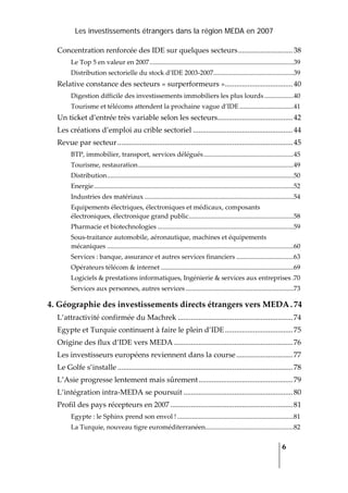 Les investissements étrangers dans la région MEDA en 2007
   
  6
 
Concentration renforcée des IDE sur quelques secteurs.............................38
Le Top 5 en valeur en 2007........................................................................................39
Distribution sectorielle du stock d’IDE 2003‐2007.................................................39
Relative constance des secteurs « surperformeurs »....................................40
Digestion difficile des investissements immobiliers les plus lourds..................40
Tourisme et télécoms attendent la prochaine vague d’IDE .................................41
Un ticket d’entrée très variable selon les secteurs........................................42
Les créations d’emploi au crible sectoriel .....................................................44
Revue par secteur.............................................................................................45
BTP, immobilier, transport, services délégués.......................................................45
Tourisme, restauration...............................................................................................49
Distribution..................................................................................................................50
Energie..........................................................................................................................52
Industries des matériaux ...........................................................................................54
Equipements électriques, électroniques et médicaux, composants 
électroniques, électronique grand public................................................................58
Pharmacie et biotechnologies ...................................................................................59
Sous‐traitance automobile, aéronautique, machines et équipements 
mécaniques ..................................................................................................................60
Services : banque, assurance et autres services financiers ...................................63
Opérateurs télécom & internet .................................................................................69
Logiciels & prestations informatiques, Ingénierie & services aux entreprises .70
Services aux personnes, autres services ..................................................................73
4. Géographie des investissements directs étrangers vers MEDA. 74
L’attractivité confirmée du Machrek .............................................................74
Egypte et Turquie continuent à faire le plein d’IDE....................................75
Origine des flux d’IDE vers MEDA ...............................................................76
Les investisseurs européens reviennent dans la course..............................77
Le Golfe s’installe .............................................................................................78
L’Asie progresse lentement mais sûrement..................................................79
L’intégration intra‐MEDA se poursuit ..........................................................80
Profil des pays récepteurs en 2007 .................................................................81
Egypte : le Sphinx prend son envol ! .......................................................................81
La Turquie, nouveau tigre euroméditerranéen......................................................82
 