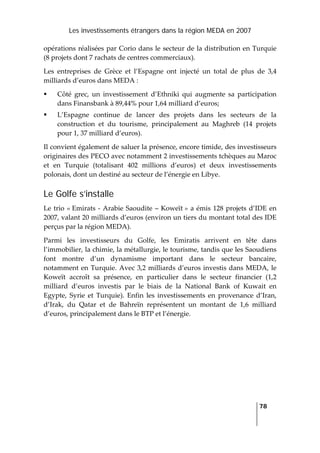 Les investissements étrangers dans la région MEDA en 2007
   
  78
 
opérations réalisées par Corio dans le secteur de la distribution en Turquie 
(8 projets dont 7 rachats de centres commerciaux). 
Les  entreprises  de  Grèce  et  l’Espagne  ont  injecté  un  total  de  plus  de  3,4 
milliards d’euros dans MEDA :  
Côté  grec,  un  investissement  d’Ethniki  qui  augmente  sa  participation 
dans Finansbank à 89,44% pour 1,64 milliard d’euros; 
L’Espagne  continue  de  lancer  des  projets  dans  les  secteurs  de  la 
construction  et  du  tourisme,  principalement  au  Maghreb  (14  projets 
pour 1, 37 milliard d’euros). 
Il convient également de saluer la présence, encore timide, des investisseurs 
originaires des PECO avec notamment 2 investissements tchèques au Maroc 
et  en  Turquie  (totalisant  402  millions  d’euros)  et  deux  investissements 
polonais, dont un destiné au secteur de l’énergie en Libye.  
Le Golfe s’installe
Le trio « Emirats ‐ Arabie Saoudite – Koweït » a émis 128 projets d’IDE en 
2007, valant 20 milliards d’euros (environ un tiers du montant total des IDE 
perçus par la région MEDA). 
Parmi  les  investisseurs  du  Golfe,  les  Emiratis  arrivent  en  tête  dans 
l’immobilier, la chimie, la métallurgie, le tourisme, tandis que les Saoudiens 
font  montre  d’un  dynamisme  important  dans  le  secteur  bancaire, 
notamment en Turquie. Avec 3,2 milliards d’euros investis dans MEDA, le 
Koweït  accroît  sa  présence,  en  particulier  dans  le  secteur  financier  (1,2 
milliard  d’euros  investis  par  le  biais  de  la  National  Bank  of  Kuwait  en 
Egypte,  Syrie  et  Turquie).  Enfin  les  investissements  en  provenance  d’Iran, 
d’Irak,  du  Qatar  et  de  Bahreïn  représentent  un  montant  de  1,6  milliard 
d’euros, principalement dans le BTP et l’énergie. 
 