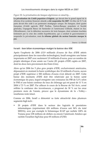 Les investissements étrangers dans la région MEDA en 2007
   
  86
 
Figure 50. La privatisation des banques algériennes en stand‐by… 
La privatisation du Crédit populaire dʹAlgérie, qui devait être le grand signal de la 
réforme dʹun système financier attardé, a été suspendue fin 2007. Un bloc de 51 % de 
parts  devait  être  cédé  à  un  partenaire  stratégique  unique.  Six  banques,  dont  quatre 
françaises  (Crédit  agricole,  BNP  Paribas,  Natixis‐Banque  populaire  et  Société 
générale),  lʹespagnole  Banco  de  Santander  et  lʹaméricaine  Citibank,  étaient  en  lice. 
Officiellement, cʹest la défection successive de trois banques, dont certaines touchées 
fortement  par  la  crise  des  crédits  hypothécaires,  qui  a  conduit  le  gouvernement  à 
suspendre  la  privatisation,  mais  la  réforme  globale  du  secteur  bancaire  marque le 
pas. 
Source : Le Monde 
Israël : bon bilan économique malgré la baisse des IDE
Après  l’euphorie  de  2006  (13,9  milliards  d’euros  de  flux  d’IDE  attirés 
principalement dans les nouvelles technologies), Israël enregistre une baisse 
importante en 2007 avec seulement 3,9 milliards d’euros, pour un nombre de 
projets identique d’une année sur l’autre (81 projets d’IDE captés en 2007, 
dont les deux tiers proviennent des Etats‐Unis).  
Alors  qu’en  2006  les  5  plus  gros  projets  d’IDE,  exclusivement  américains, 
dépassaient en montant la barre symbolique des 10 milliards d’euros, aucun 
projet  d’IDE  supérieur  à  500  millions  d’euros  n’est  détecté  en  2007.  Cette 
baisse  des  montants  d’IDE  doit  être  relativisée  par  la  bonne  santé 
économique du pays, lequel enregistre une croissance du PIB de 5,1% selon 
le FMI et une baisse continue du taux de chômage qui est passé de 11 % en 
2004 à 7,5 % en 2007. Par ailleurs le cours de la Bourse de Tel Aviv, censé 
refléter  la  confiance  des  investisseurs,  a  progressé  de  30  %  sur  les  onze 
premiers  mois  de  lʹannée,  preuve  que  le  dynamisme  de  la  « Valley » 
israélienne reste intact. 
Comme  en  2006,  Israël  a  démontré  sa  forte  attractivité  dans  plusieurs 
segments high tech : 
20  projets  d’IDE  dans  le  secteur  des  logiciels  &  prestations 
informatiques  (représentant  424  millions  d’euros  soit  96%  du  total 
MEDA),  avec  par  exemple  le  britannique  ICAP  qui  rachète  100%  de 
Traiana pour 238 millions de dollars ou encore l’américain Amdocs qui 
rachète lʹisraélien SigValue pour 85 millions dʹUSD; 
 