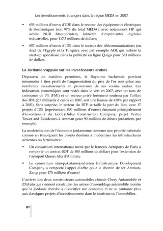 Les investissements étrangers dans la région MEDA en 2007
87
 
655 millions d’euros d’IDE dans le secteur des équipements électriques 
&  électroniques  (soit  97%  du  total  MEDA),  avec  notamment  HP  qui 
achète  NUR  Macroprinters,  fabricant  dʹimprimantes  digitales 
industrielles, pour 117,5 millions de dollars; 
857 millions d’euros d’IDE dans le secteur des télécommunications (en 
deçà de l’Egypte et la Turquie), avec par exemple AOL qui rachète la 
start‐up spécialisée dans la publicité en ligne Quigo pour 363 millions 
de dollars. 
La Jordanie s’appuie sur les investisseurs arabes
Dépourvu  de  matières  premières,  le  Royaume  hachémite  parvient 
néanmoins  à  tirer  profit  de  l’augmentation  du  prix  de  l’or  noir  grâce  aux 
nombreux  investissements  en  provenance  de  ses  voisins  arabes.  Les 
indicateurs économiques sont restés dans le vert en 2007, avec un taux de 
croissance  de  6%  (FMI)  et  un  secteur  privé  fortement  soutenu  par  l’afflux 
des IDE (2,7 milliards d’euros en 2007, soit une hausse de 458% par rapport 
à  2003).  Sans  surprise,  le  secteur  du  BTP  se  taille  la  part  du  lion,  avec  17 
projets  d’IDE  (représentant  800  millions  d’euros)  émanant  principalement 
d’investisseurs  du  Golfe (Dubai  Construction  Company,  projet  Vertex 
Tower and Residences à Amman pour 90 millions de dinars jordaniens par 
exemple).  
La modernisation de l’économie jordanienne demeure une priorité nationale 
comme en témoignent les projets destinés à moderniser les infrastructures 
aériennes ou ferroviaires : 
Un consortium international mené par le français Aéroports de Paris a 
remporté un contrat BOT de 500 millions de dollars pour lʹextension de 
l’aéroport Queen Alia d’Amman; 
Le  consortium  sino‐pakistano‐jordanien  Infrastructure  Development 
Company  a  remporté  l’appel  d’offre  pour  le  chemin  de  fer  Amman‐
Zarqa pour 175 millions d’euros/ 
L’arrivée des deux constructeurs automobiles chinois Chery Automobile et 
ZXAuto qui viennent construire des usines d’assemblage automobile montre 
que  la  Jordanie  cherche  à  diversifier  son  économie  et  ne  se  cantonne  plus 
aux classiques projets d’investissements dans le tourisme ou l’immobilier. 
 