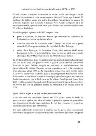 Les investissements étrangers dans la région MEDA en 2007
   
  88
 
Grand  créateur  d’emplois  industriels,  le  secteur  de  la  métallurgie  a  attiré 
plusieurs  investisseurs  cette  année  comme  l’émirati  Emaar  qui  investit  20 
millions  de  dollars  dans  une  usine  travaillant  lʹaluminium  ou  encore  le 
japonais  Fujikura  qui  sʹassocie  à  Jordan  New  Cable  Company  et  à  la 
saoudienne MESC Specialized Cables pour réaliser une usine de câble valant 
50 millions de dollars. 
Parmi les projets « phares » de 2007, on peut citer : 
pour  le  tourisme,  de  nouveau  Emaar,  qui  construit  un  complexe  de 
loisirs et de tourisme sur la Mer Morte; 
dans  les  télécoms,  le  koweitien  Noor  Telecom  qui  serait  sur  le  point 
acquérir 11,6% supplémentaires du capital de Jordan Telecom; 
enfin,  dans  l’énergie,  la  formation  d’une  joint  venture  60/40  entre 
l’américain AES et le japonais Mitsui pour mettre sur pied une centrale 
électrique de 370 MW pour un coût de 300 millions de dollars. 
La Jordanie obtient de bons résultats malgré un contexte régional compliqué 
du  fait  de  la  crise  qui  perdure  chez  le  grand  voisin  irakien  (entraînant 
l’arrivée  de  plus  700 000  réfugiés  en  Jordanie),  le  renchérissement  des 
importations  de  pétrole  (Amman  est  un  importateur  net)  et  la  persistance 
d’un  chômage  élevé  (30%  de  la  population  active  reste  sans  emploi  selon 
CIA World Fact Book). Toutefois avec le développement de nouvelles zones 
franches sur le modèle de la zone économique spéciale d’Aqaba (facilitée par 
l’adoption  récente  par  le  Parlement  de  la  « New  Development  Areas  Law 
2008 ») et l’engouement grandissant des pétromonarchies pour l’immobilier, 
le  niveau  des  IDE  en  Jordanie  devrait  se  maintenir  à  un  niveau  élevé  en 
2008.  
Syrie : faire appel à toutes les bonnes volontés
Avec  un  taux  de  croissance  moyen  en  2007  (3,9%  selon  le  FMI),  le 
gouvernement  syrien,  qui vient de créer la première agence de promotion 
des  investissements  du  pays,  maintient  le  cap  des  réformes  en  tenant  un 
discours économique pro‐entreprises. 
Un  vent  réformiste  commence  à  souffler  sur  le  pays,  avec  notamment 
l’ouverture progressive du secteur bancaire à l’initiative privée et l’adoption 
 
