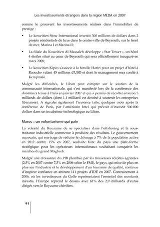 Les investissements étrangers dans la région MEDA en 2007
91
 
comme  le  prouvent  les  investissements  réalisés  dans  l’immobilier  de 
prestige : 
Le koweitien Stow International investit 300 millions de dollars dans 2 
projets résidentiels de luxe dans le centre‐ville de Beyrouth, sur le front 
de mer, Marina I et Marina II; 
La filiale du Koweïtien Al Massaleh développe « Star Tower », un hôtel 
4 étoiles situé au cœur de Beyrouth qui sera officiellement inauguré en 
mars 2008; 
Le koweitien Kipco sʹassocie à la famille Hariri pour un projet d’hôtel à 
Raouche valant 45 millions dʹUSD et dont le management sera confié à 
Kempinski. 
Malgré  les  difficultés,  le  Liban  peut  compter  sur  le  soutien  de  la 
communauté  internationale,  qui  s’est  manifesté  lors  de  la  conférence  des 
donateurs tenue à Paris en janvier 2007 et qui a permis de récolter environ 5 
milliards de dollars (dont 1,1 milliard est destiné à soutenir les entreprises 
libanaises).  A  signaler  également  l’annonce  faite,  quelques  mois  après  la 
conférence  de  Paris,  par  l’américain  Intel  qui  prévoit  d’investir  500 000 
dollars dans un incubateur technologique au Liban. 
Maroc : un volontarisme qui paie
La  volonté  du  Royaume  de  se  spécialiser  dans  l’offshoring  et  la  sous‐
traitance industrielle commence à produire des résultats. Le gouvernement 
marocain, qui envisage de réduire le chômage à 7% de la population active 
en  2012  contre  15%  en  2007,  souhaite  faire  du  pays  une  plate‐forme 
stratégique  pour  les  opérateurs  internationaux  souhaitant  conquérir  les 
marchés du grand Maghreb.  
Malgré une croissance du PIB plombée par les mauvaises récoltes agricoles 
(2,5% en 2007 contre 7,3% en 2006 selon le FMI), le pays, qui mise de plus en 
plus sur l’industrie et le développement d’un tourisme de qualité, continue 
d’inspirer confiance en attirant 141 projets d’IDE en 2007. Contrairement à 
2006,  où  les  investisseurs  du  Golfe  représentaient  l’essentiel  des  montants 
investis,  l’Europe  reprend  le  dessus  avec  61%  des  2,9  milliards  d’euros 
dirigés vers le Royaume chérifien.  
 