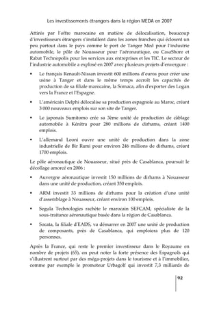 Les investissements étrangers dans la région MEDA en 2007
   
  92
 
Attirés  par  l’offre  marocaine  en  matière  de  délocalisation,  beaucoup 
d’investisseurs étrangers s’installent dans les zones franches qui éclosent un 
peu  partout  dans  le  pays  comme  le  port  de  Tanger  Med  pour  l’industrie 
automobile,  le  pôle  de  Nouasseur  pour  l’aéronautique,  ou  CasaShore  et 
Rabat Technopolis pour les services aux entreprises et les TIC. Le secteur de 
l’industrie automobile a explosé en 2007 avec plusieurs projets d’envergure : 
Le français Renault‐Nissan investit 600 millions d’euros pour créer une 
usine  à  Tanger  et  dans  le  même  temps  accroît  les  capacités  de 
production de sa filiale marocaine, la Somaca, afin dʹexporter des Logan 
vers la France et lʹEspagne. 
L’américain Delphi délocalise sa production espagnole au Maroc, créant 
3 000 nouveaux emplois sur son site de Tanger. 
Le  japonais  Sumitomo  crée  sa  3ème  unité  de  production  de  câblage 
automobile  à  Kénitra  pour  280  millions  de  dirhams,  créant  1400 
emplois. 
L’allemand  Leoni  ouvre  une  unité  de  production  dans  la  zone 
industrielle de Bir Rami pour environ 246 millions de dirhams, créant 
1700 emplois. 
Le  pôle  aéronautique  de  Nouasseur,  situé  près  de  Casablanca,  poursuit  le 
décollage amorcé en 2006 : 
Auvergne  aéronautique  investit  150  millions  de  dirhams à  Nouasseur 
dans une unité de production, créant 350 emplois. 
ARM  investit  33  millions  de  dirhams  pour  la  création  d’une  unité 
d’assemblage à Nouasseur, créant environ 100 emplois. 
Segula  Technologies  rachète  le  marocain  SEFCAM,  spécialiste  de  la 
sous‐traitance aéronautique basée dans la région de Casablanca. 
Socata, la filiale dʹEADS, va démarrer en 2007 une unité de production 
de  composants,  près  de  Casablanca,  qui  emploiera  plus  de  120 
personnes. 
Après  la  France,  qui  reste  le  premier  investisseur  dans  le  Royaume  en 
nombre  de  projets  (65),  on  peut  noter  la  forte  présence des  Espagnols  qui 
s’illustrent surtout par des méga‐projets dans le tourisme et à l’immobilier, 
comme  par  exemple  le  promoteur  Urbagolf  qui  investit  7,3  milliards  de 
 
