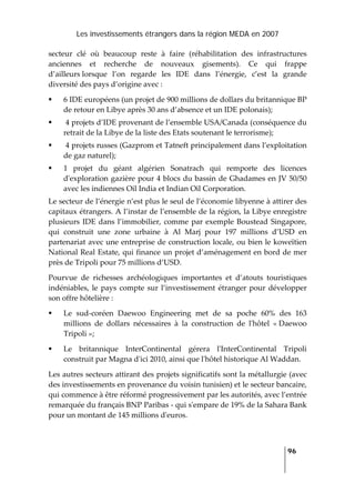 Les investissements étrangers dans la région MEDA en 2007
   
  96
 
secteur  clé  où  beaucoup  reste  à  faire  (réhabilitation  des  infrastructures 
anciennes  et  recherche  de  nouveaux  gisements).  Ce  qui  frappe 
d’ailleurs lorsque  l’on  regarde  les  IDE  dans  l’énergie,  c’est  la  grande 
diversité des pays d’origine avec : 
6 IDE européens (un projet de 900 millions de dollars du britannique BP 
de retour en Libye après 30 ans d’absence et un IDE polonais); 
 4 projets d’IDE provenant de l’ensemble USA/Canada (conséquence du 
retrait de la Libye de la liste des Etats soutenant le terrorisme); 
 4 projets russes (Gazprom et Tatneft principalement dans l’exploitation 
de gaz naturel); 
1  projet  du  géant  algérien  Sonatrach  qui  remporte  des  licences 
dʹexploration gazière pour 4 blocs du bassin de Ghadames en JV 50/50 
avec les indiennes Oil India et Indian Oil Corporation. 
Le secteur de l’énergie n’est plus le seul de l’économie libyenne à attirer des 
capitaux étrangers. A l’instar de l’ensemble de la région, la Libye enregistre 
plusieurs IDE dans l’immobilier, comme par exemple Boustead Singapore, 
qui  construit  une  zone  urbaine  à  Al  Marj  pour  197  millions  d’USD  en 
partenariat avec une entreprise de construction locale, ou bien le koweïtien 
National Real Estate, qui finance un projet d’aménagement en bord de mer 
près de Tripoli pour 75 millions d’USD.  
Pourvue  de  richesses  archéologiques  importantes  et  d’atouts  touristiques 
indéniables, le pays compte sur l’investissement étranger pour développer 
son offre hôtelière : 
Le  sud‐coréen  Daewoo  Engineering  met  de  sa  poche  60%  des  163 
millions  de  dollars  nécessaires  à  la  construction  de  lʹhôtel  « Daewoo 
Tripoli »; 
Le  britannique  InterContinental  gérera  lʹInterContinental  Tripoli 
construit par Magna dʹici 2010, ainsi que lʹhôtel historique Al Waddan. 
Les autres secteurs attirant des projets significatifs sont la métallurgie (avec 
des investissements en provenance du voisin tunisien) et le secteur bancaire, 
qui commence à être réformé progressivement par les autorités, avec l’entrée 
remarquée du français BNP Paribas ‐ qui sʹempare de 19% de la Sahara Bank 
pour un montant de 145 millions dʹeuros. 
 