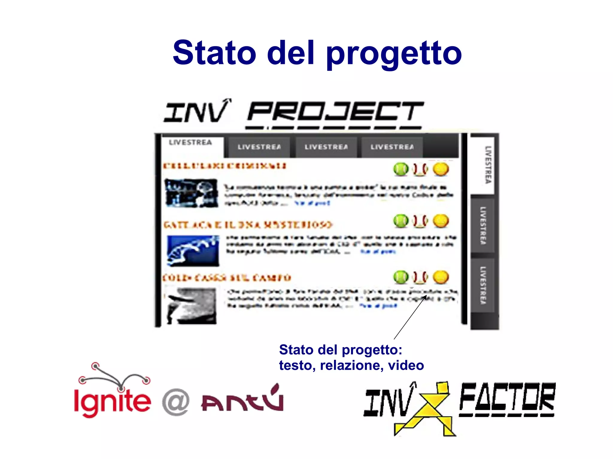 Stato del progetto Stato del progetto: testo, relazione, video 