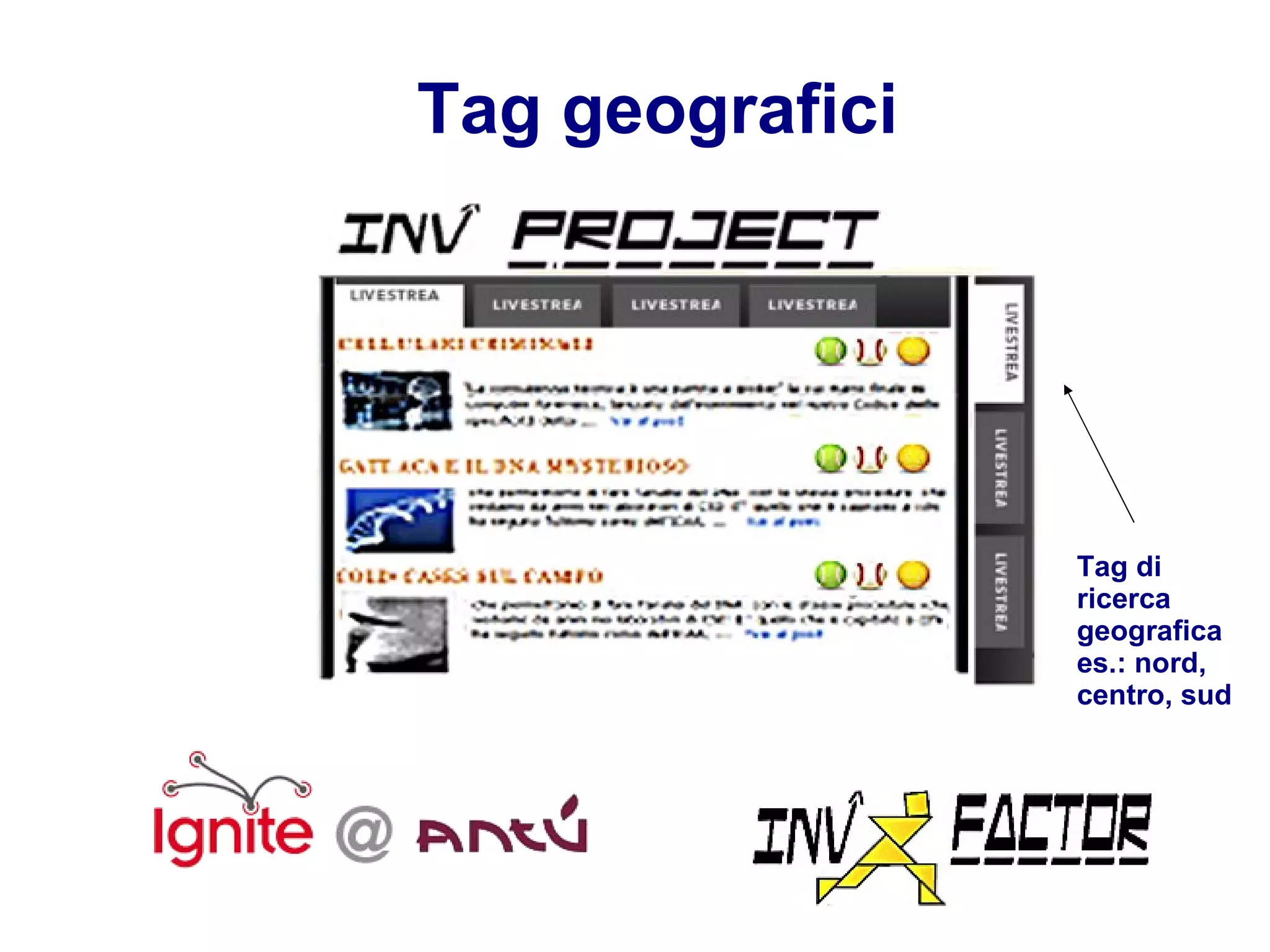 Tag geografici Tag di ricerca geografica es.: nord, centro, sud 