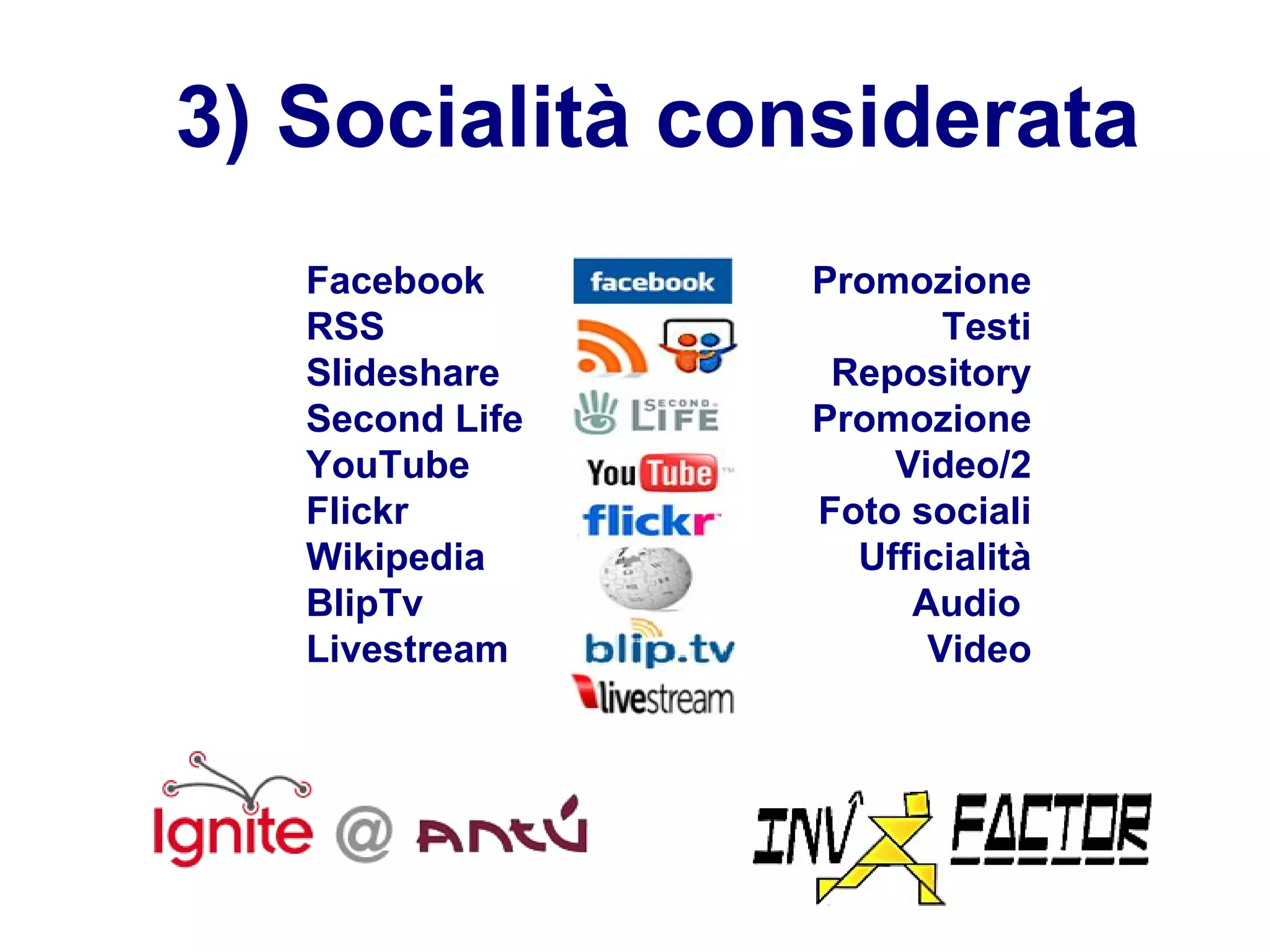 3) Socialità considerata Facebook RSS Slideshare Second Life YouTube Flickr Wikipedia BlipTv Livestream Promozione Testi Repository Promozione Video/2 Foto sociali Ufficialità Audio  Video 