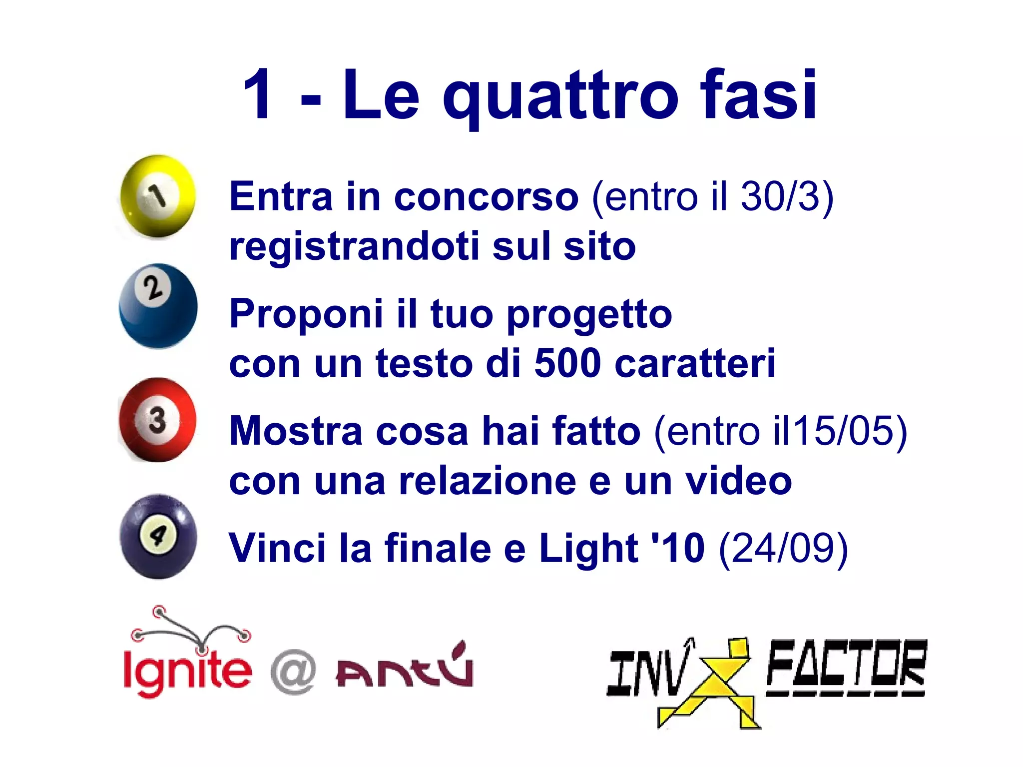 Entra in concorso  (entro il 30/3)  registrandoti sul sito Proponi il tuo progetto  con un testo di 500 caratteri Mostra cosa hai fatto  (entro il15/05)   con una relazione e un video Vinci la finale e Light '10  (24/09) 1 - Le quattro fasi 