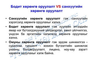 Бодит хөрөнгө оруулалт VS санхүүгийн
хөрөнгө оруулалт
• Санхүүгийн хөрөнгө оруулалт гэж санхүүгийн
хэрэгсэлд хөрөнгө оруулахыг хэлнэ.
• Бодит хөрөнгө оруулалт гэж хуулийн этгээдийн
ямар нэг бүтээгдэхүүний үйлдвэрлэл, ажил үйлчилгээ,
үндсэн ба эргэлтийн капиталд хөрөнгө оруулахыг
хэлнэ.
• Оюуны хөрөнгө оруулалт гэж эрдэм шинжилгээ -
судалгаа, туршилт - зохион бүтээлтийн шинжлэх
ухааны боловсруулалт, лиценз, ноу-хау зэрэгт
хөрөнгө оруулахыг хэлж байна.
 