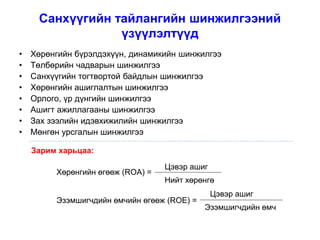 • Хөрөнгийн бүрэлдэхүүн, динамикийн шинжилгээ
• Төлбөрийн чадварын шинжилгээ
• Санхүүгийн тогтвортой байдлын шинжилгээ
• Хөрөнгийн ашиглалтын шинжилгээ
• Орлого, үр дүнгийн шинжилгээ
• Ашигт ажиллагааны шинжилгээ
• Зах зээлийн идэвхижилийн шинжилгээ
• Мөнгөн урсгалын шинжилгээ
Санхүүгийн тайлангийн шинжилгээний
үзүүлэлтүүд
Зарим харьцаа:
Хөрөнгийн өгөөж (ROA) =
Цэвэр ашиг
Нийт хөрөнгө
Эзэмшигчдийн өмчийн өгөөж (ROE) =
Цэвэр ашиг
Эзэмшигчдийн өмч
 