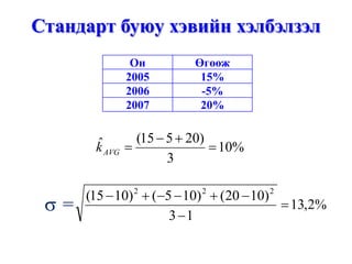 Стандарт буюу хэвийн хэлбэлзэл
Он Өгөөж
2005 15%
2006 -5%
2007 20%
%2,13
13
)1020()105()1015( 222
=
−
−+−−+−
%10
3
)20515(ˆ =
+−
=AVGk
σ =
 