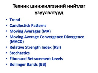 Техник шинжилгээний нийтлэг
үзүүлэлтүүд
• Тrend
• Candlestick Patterns
• Moving Averages (MA)
• Moving Average Convergence Divergence
(MACD)
• Relative Strength Index (RSI)
• Stochastics
• Fibonacci Retracement Levels
• Bollinger Bands (BB)
 