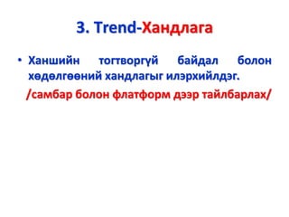 3. Тrend-Хандлага
• Ханшийн тогтворгүй байдал болон
хөдөлгөөний хандлагыг илэрхийлдэг.
/самбар болон флатформ дээр тайлбарлах/
 